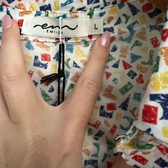 French Abstract Geometric Pattern Blouse L - Picture 3 of 4